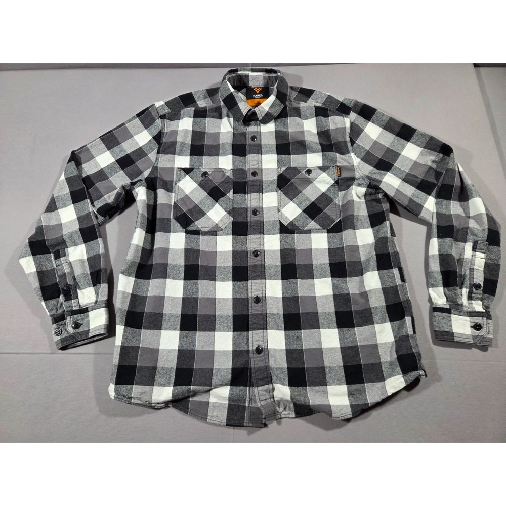 Hawx Shirt Mens Large Black Gray Checkered Work Gear Flannel Long Sleeve Polo